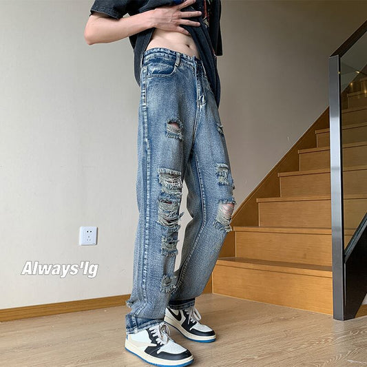 [BIGEMAN Series]★Denim pants★Bottoms Pants Unisex Men's Distressed Stylish Blue Blue