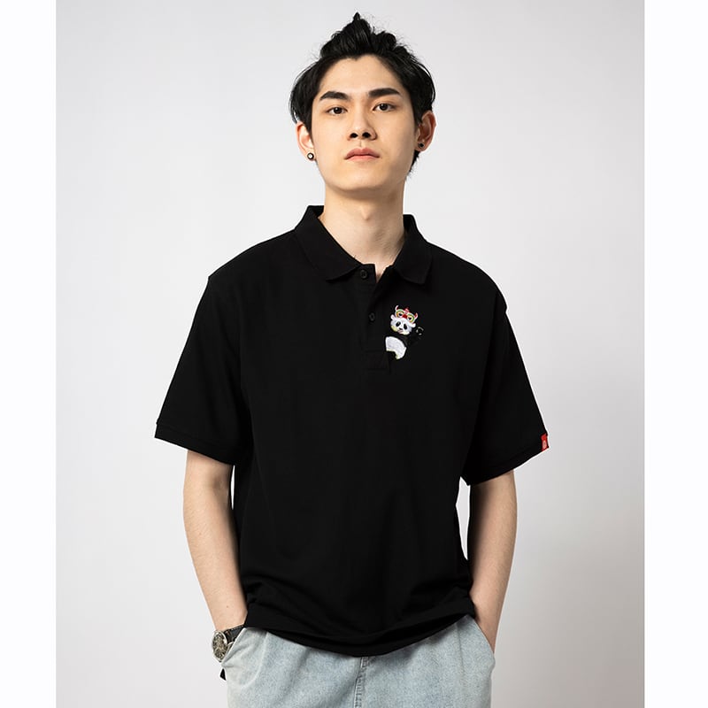 [JPYZ Series] ★China Style Tops★ POLO Shirt Embroidered Panda Cute Unisex Men's Black Short Sleeve