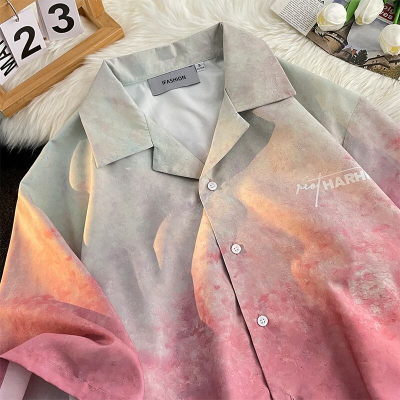 [TUOFEI Series]★Shirt★ Tops Unisex Men's Gradient V-neck Short Sleeve Shirt Summer Clothes