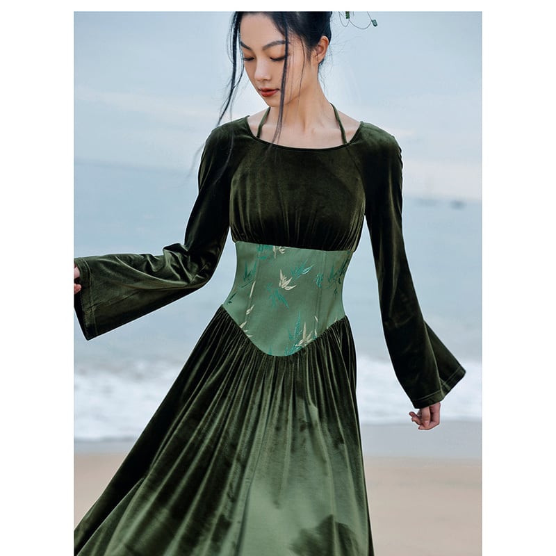 [Big Blue Dragon Series] ★China style dress★ Switching velvet bamboo embroidery green sexy