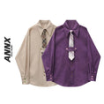 Load image into Gallery viewer, [YOUZI series]★Shirt with tie★ 2color mini length corduroy tops light brown purple
