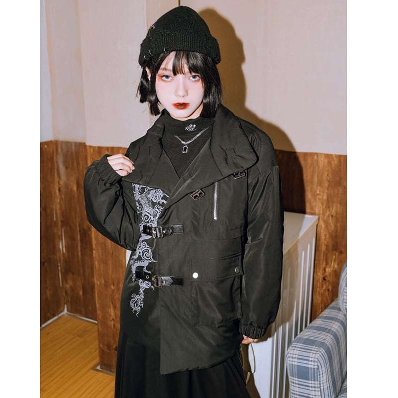 [Ancient monster house---Sankairyoryu series] ★China style coat★ Cotton coat Dragon Dragon crest winter coat Black Black