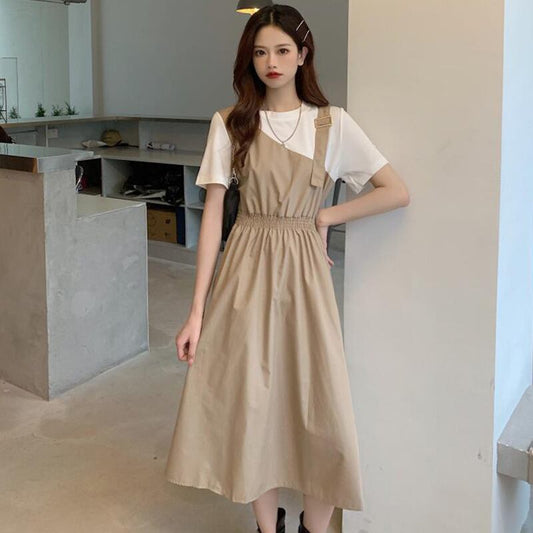 [YUNXI Series] ★One Piece★ 2color Short Sleeve Dress Switching Fake Layered Large Size Brown Black