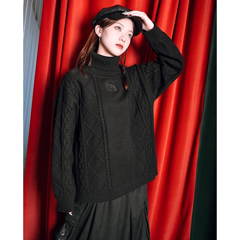 [Kokaisha---Gold Series] ★China style tops★ Sweater Thick and warm High neck Black Black