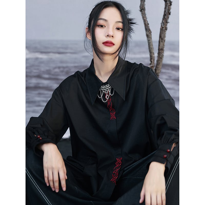 [Da Qinglong Shu Series] ★Chinese style shirt★ Embroidery Chinese clothing Original Black Black Unique Cotton Easy to match