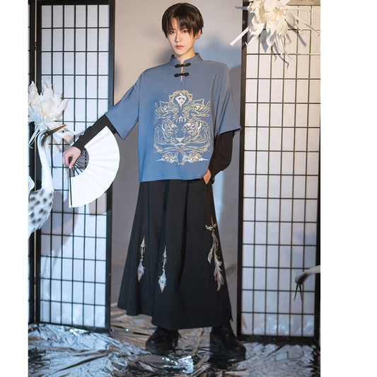 [Kyodo Series]★China style pants★ Embroidery Unisex costume Couple clothes Men's Gaucho pants Black Black