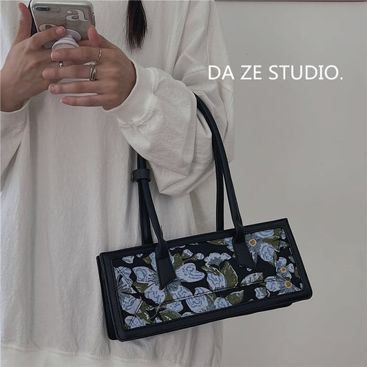 [DAZE &amp; ERPANG series] ★Bag★ Oil painting style floral pattern cute date commuting OL office rectangle blue black