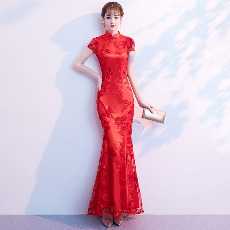 [Bride series] ★Cheongsam dress★ Dress Embroidered Mermaid line Beautiful SML Slimming Silver Gray