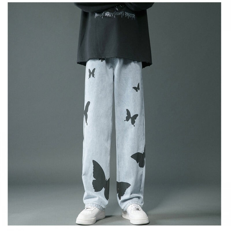 [Snow Qiongsi Series]★Denim Pants★ 2color Bottoms Pants Unisex Men's Butterfly Print Unique Black Blue