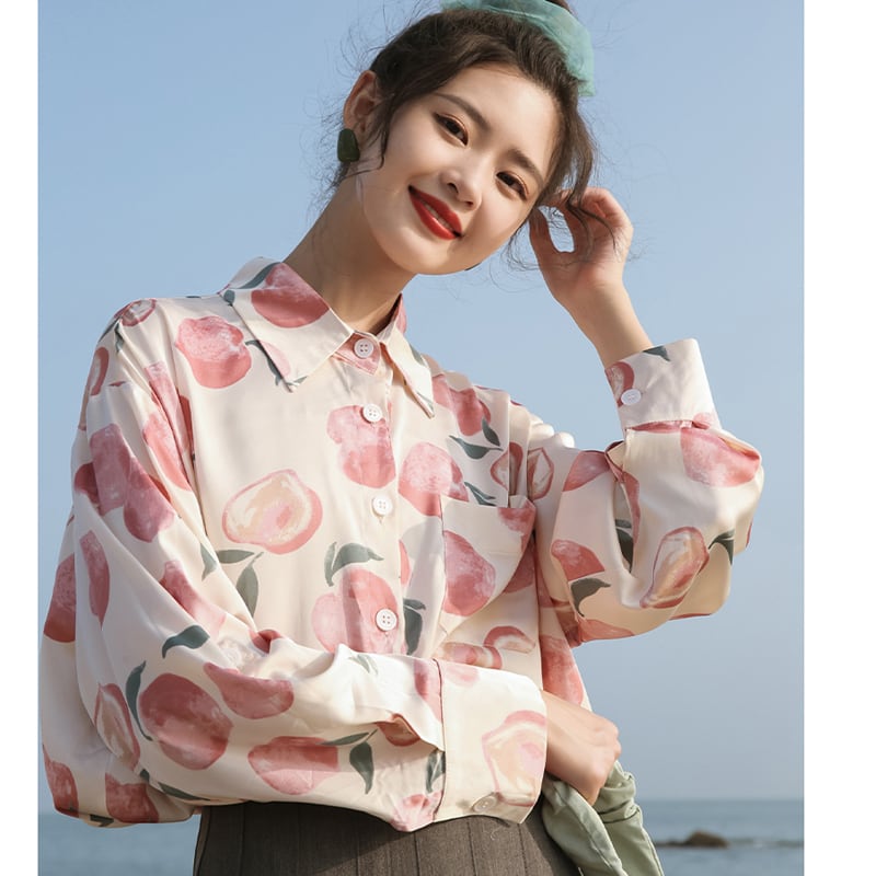 [Love Series]★Shirt★ Tops Peach Cute Youth Print Easy to Match Pink SML Loose Casual