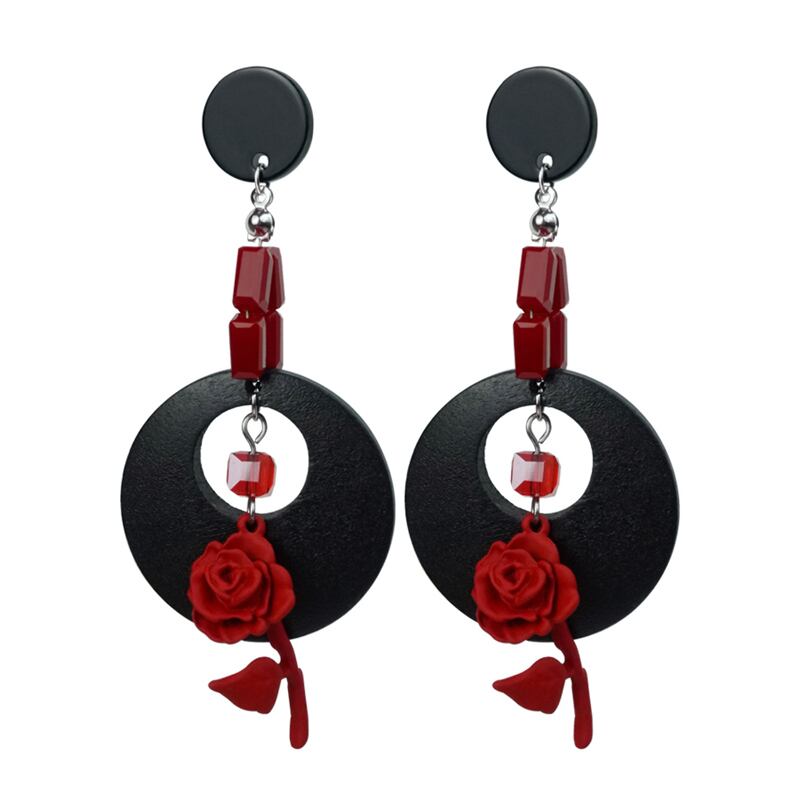 [MORE Bokuji series] ★China style earrings★ Pair earrings rose circle black red floral pattern retro