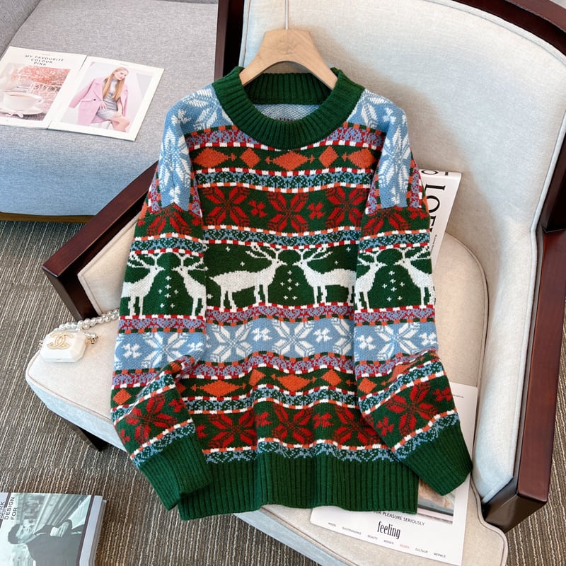 [White Sugar Series]★Sweater★ 2color Christmas Tops Cute Deer Date Apricot Green Autumn/Winter Clothes