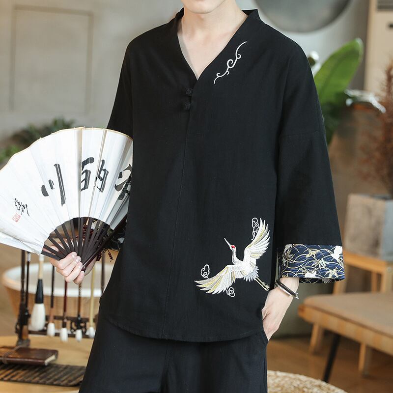 [Aoqiu Fish Series] ★China Style T-shirt★ 3color Tops Men's Unisex Crane Casual Chinese Clothes