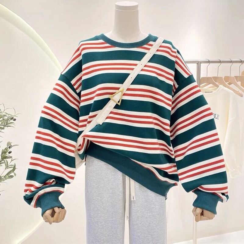 [Rakupei Series] ★Tops★ Horizontal striped pattern Color scheme Fashion Green Green Women's S M L XL Cute