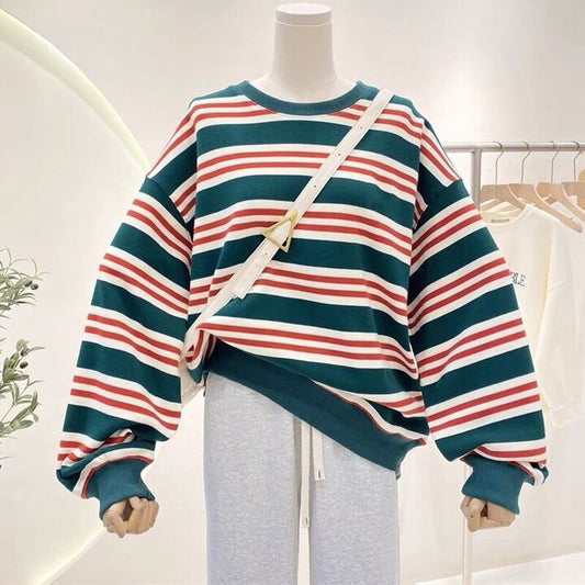 [Rakupei Series] ★Tops★ Horizontal striped pattern Color scheme Fashion Green Green Women's S M L XL Cute