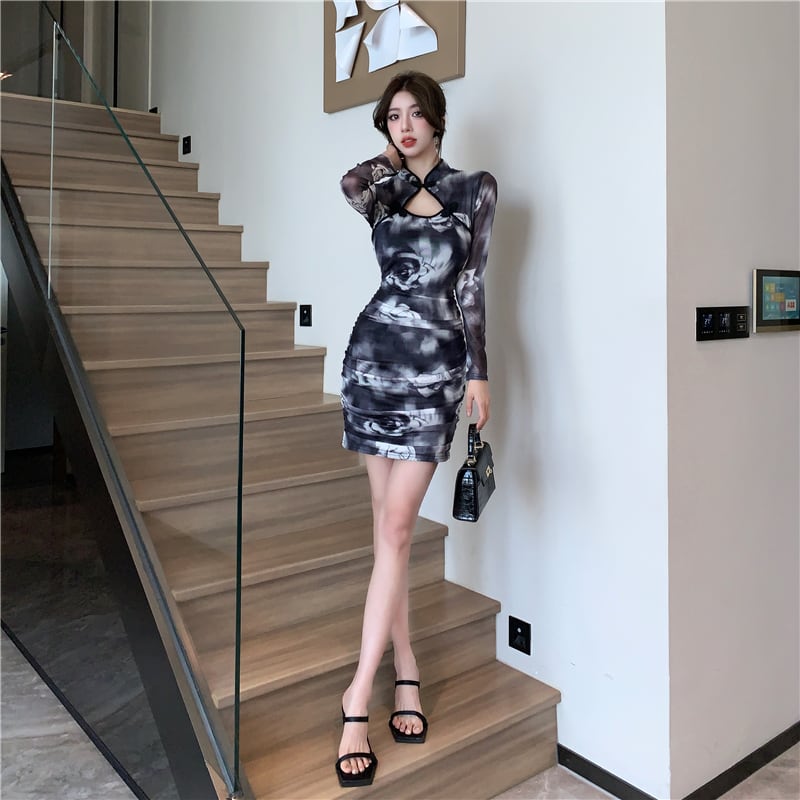 [Eighteen Impressions Series]★Cheongsam dress★ Slimming sexy SML short length retro ink pattern dress