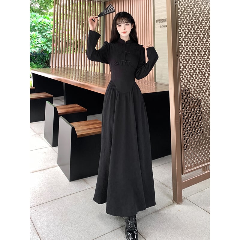 [Dong Xiaojie Series] ★China style dress★ Long length, large size, slimming, black, black