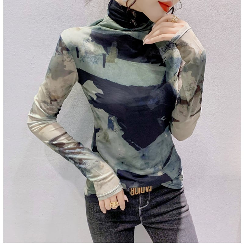 [YINUO Series] ★Tops★ T-shirt Turtleneck Sexy Slimming Ladies Tie-dye