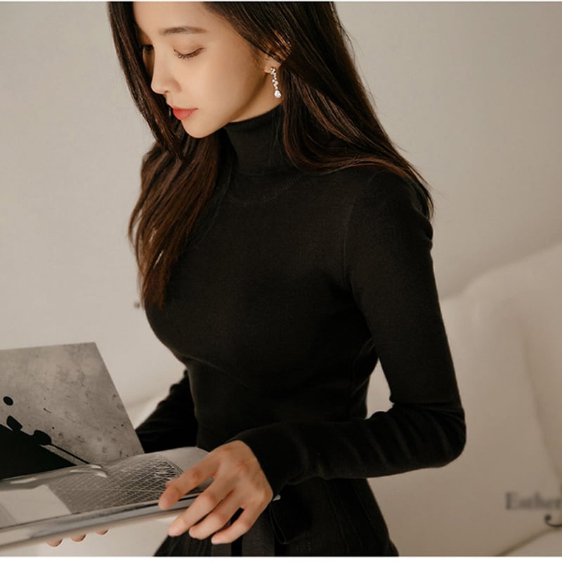 [Fumi Series]★Knit dress★ 2color long length commuting date office OL high neck slim