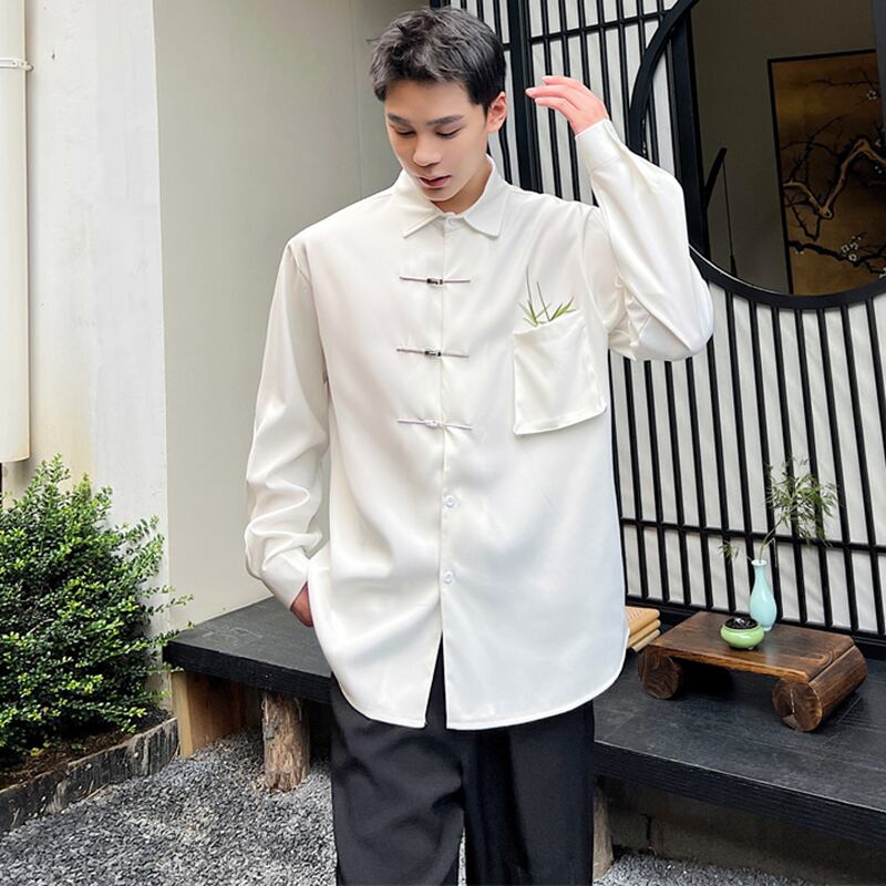 [Illustrated Series] ★Chinese style shirt★ Bamboo Bamboo pattern tops Long sleeve shirt Unisex Men's Chinese clothing Chinese clothing White White