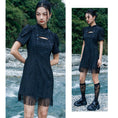 Load image into Gallery viewer, [Da Qinglong Shu Series] ★China-style dress★ Improved cheongsam dress, fringe, short length, switching black, black
