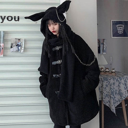 [Miyakoya Series] ★Coat + Hat★ Trench coat Black Black autumn/winter coat Thick, warm, loose, cute