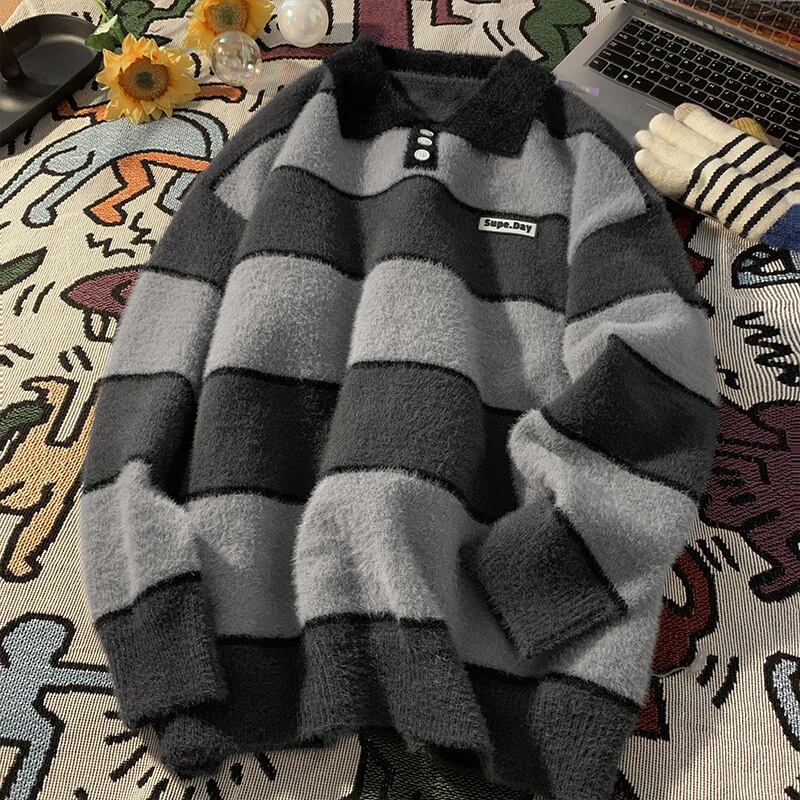 [PPG Series]★Sweater★ 3color Knit Tops Horizontal Striped Pattern POLO Neck Unisex Men's Green Gray Brown