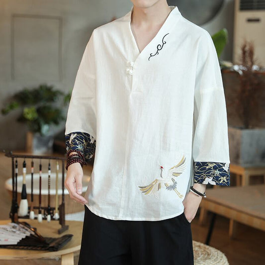 [Aoqiu Fish Series] ★China Style T-shirt★ 3color Tops Men's Unisex Crane Casual Chinese Clothes