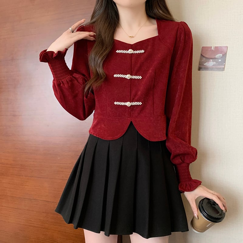 [DINGNING Series]★China style tops★ 2color long sleeve large size black red short length