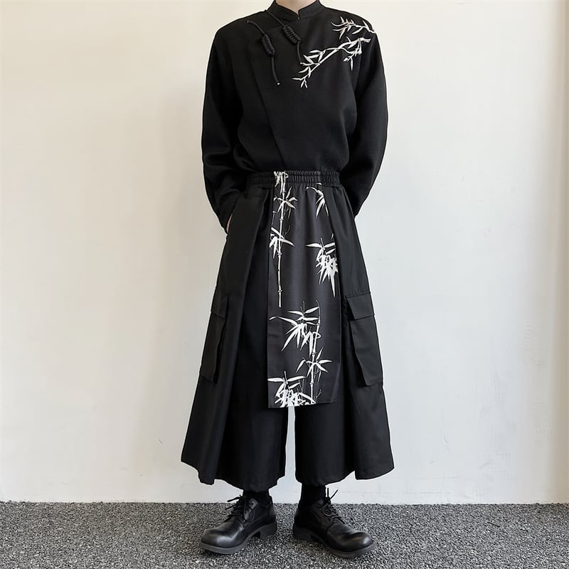 [Illustrated series] ★China style pants★ Gaucho pants unisex men's nine-quarter length black black culottes fake layered