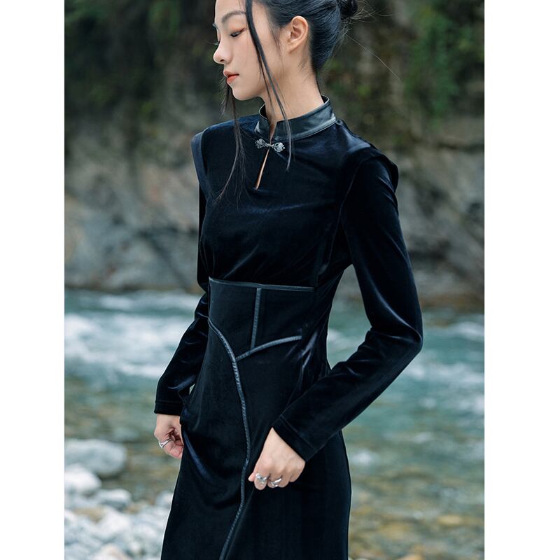 [Da Qinglong Shu Series] ★China-style dress★ Velvet PU switching slimming slit improved cheongsam dress