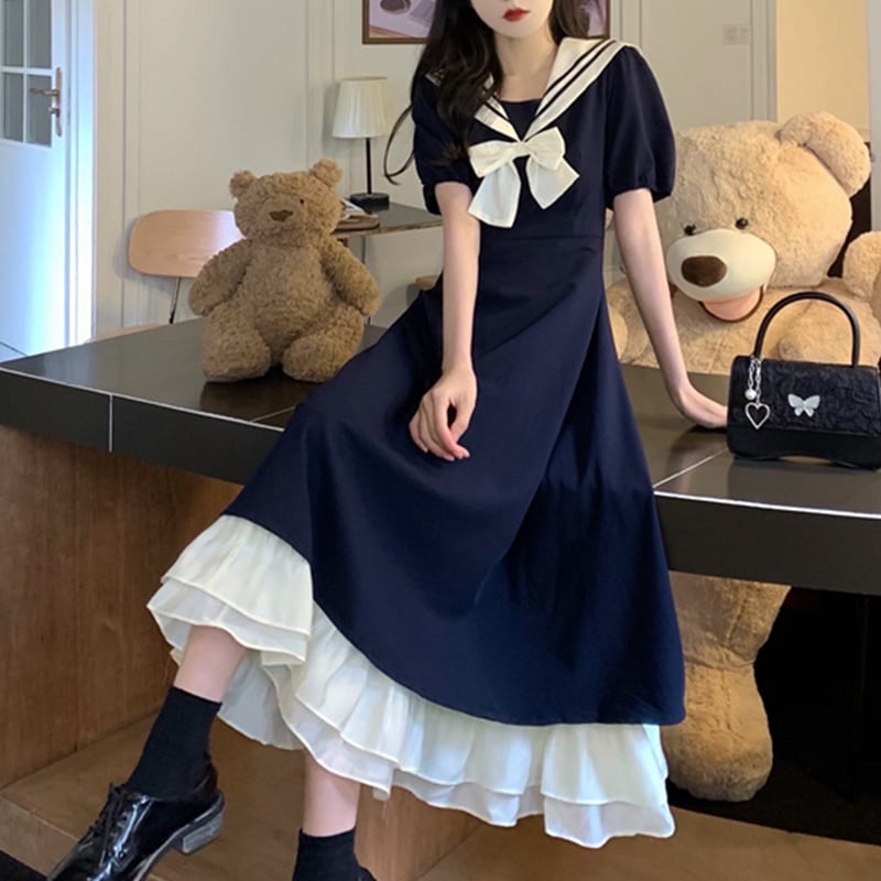 [Dong Xiaojie Series] ★Sailor color dress★ Cute color scheme date dark blue blue blue large size