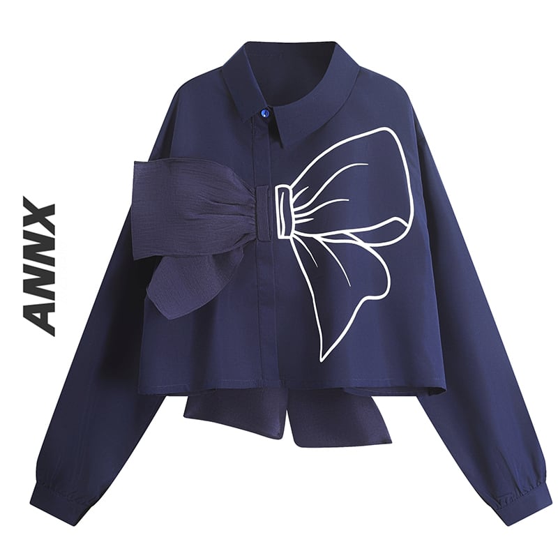 [ANNXstudio series]★Shirt★ Long sleeve shirt tops ribbon cute blue blue easy to match stylish