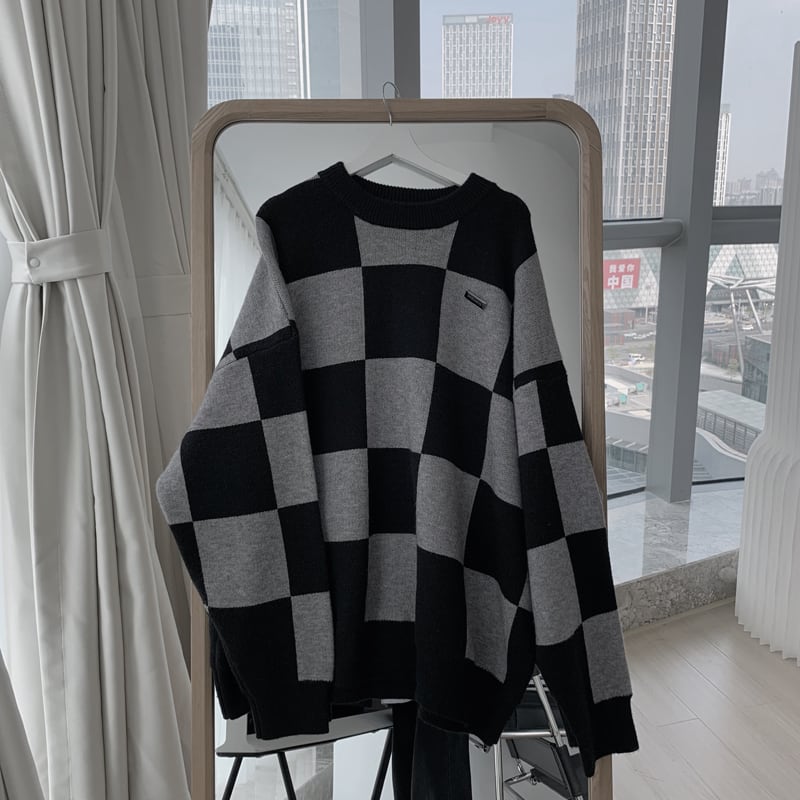 [Tankaku Sensei Series] ★Sweater★ Tops Checkered Color Scheme Loose Men's Fashion Unisex