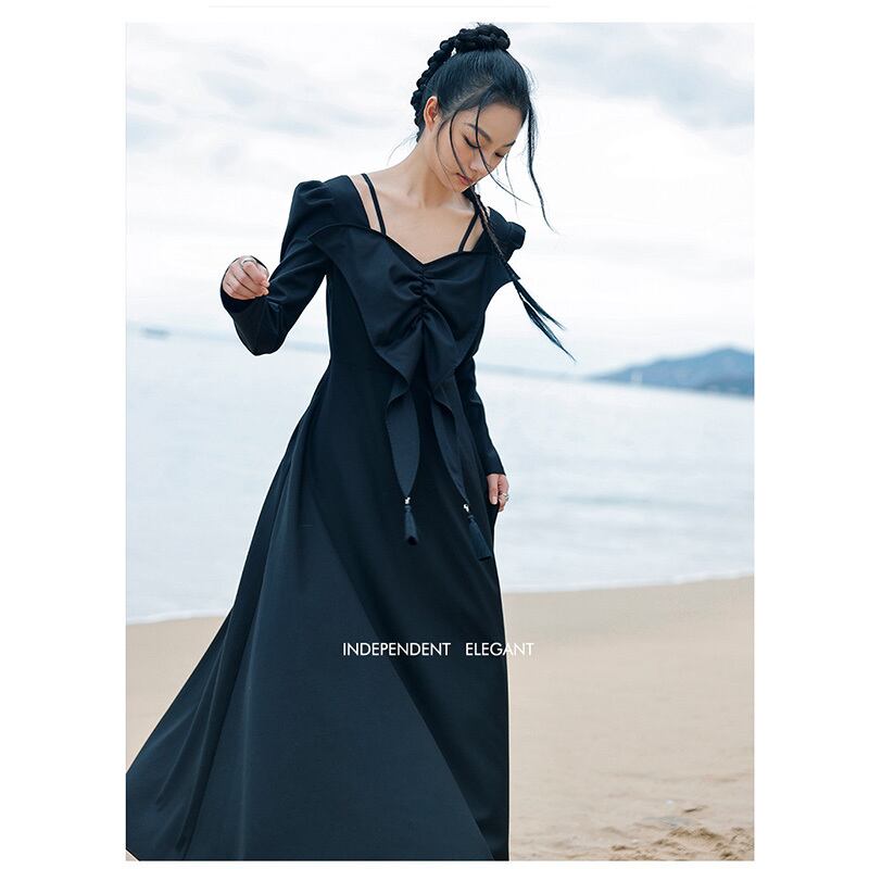 [Big Blue Dragon Series] ★China style dress★ Ribbon dress sexy black long length cute