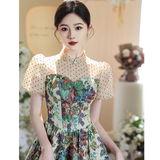 [WEIXIU Series] ★Party Dress★ One Piece Switching Floral Pattern Dot Pattern Short Length Cute Wedding