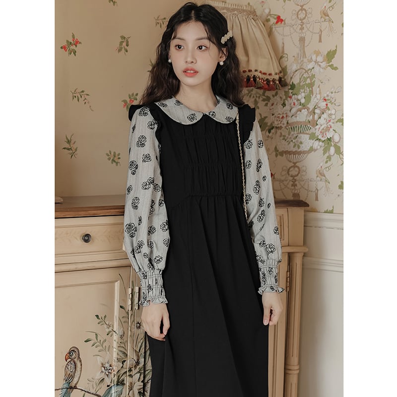 [ZITAIMEIGUI Series] ★One Piece★ Long Length Switching Floral Pattern Women's Commuting Date Black Black