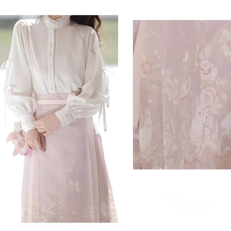 [Kaede bamboo---Hanako rabbit series] ★China style setup★ 2-piece set, long sleeve shirt + windshield skirt, coming-of-age ceremony, everyday wear, white, pink