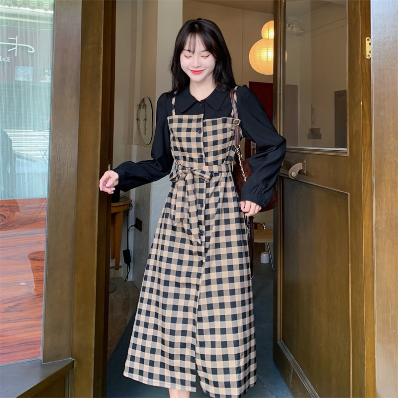 [Dong Xiaojie Series] ★Checked dress★ Large size, fake layered, slimming, retro, cute, easy to match