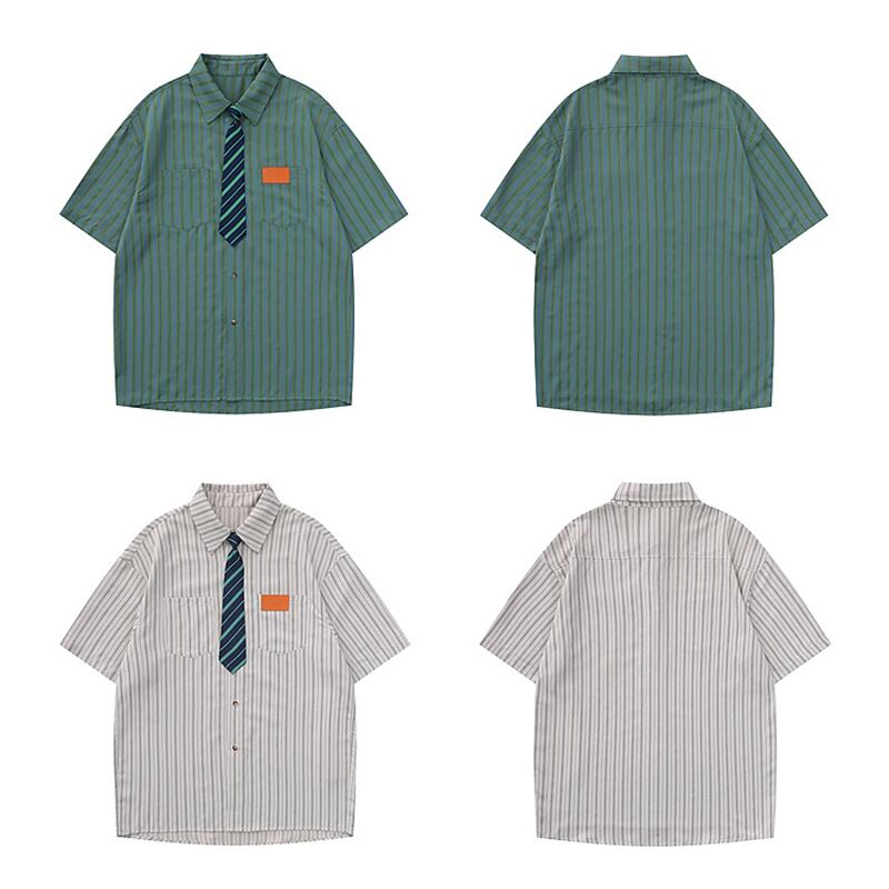 [Escaped Earth Series]★Shirt with tie★ 3color tops, short sleeve shirt, unisex, men's, vertical stripes, striped pattern, loose fit