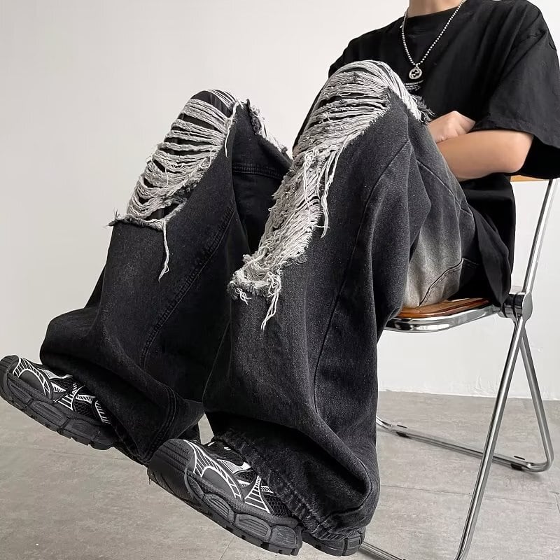 [Leonbinno Series]★Denim pants★ 2color bottoms pants unisex men's distressed fashion black blue