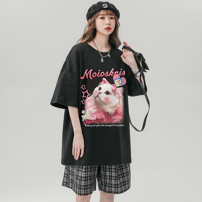 【SENSUシリーズ】★Tシャツ★ 3color トップス 男女兼用 メンズ 夏服 半袖Tシャツ 猫 ベージュ ホワイト ブラック