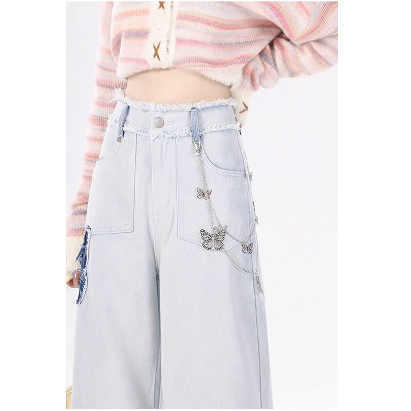 [ZIRANSE Series] ★Denim pants★ Bottoms with metal chain Pants Butterfly Slimming Ladies Blue Blue XS S M L XL