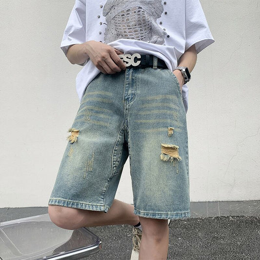 [BIGEMAN Series]★Denim shorts★Bottoms, short length pants, unisex, men's, large size, distressed finish