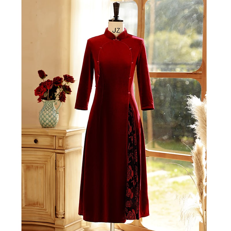 [ZHEZI Series]★China Dress★ 2color Velvet Dress Large Size Long Length Black Red