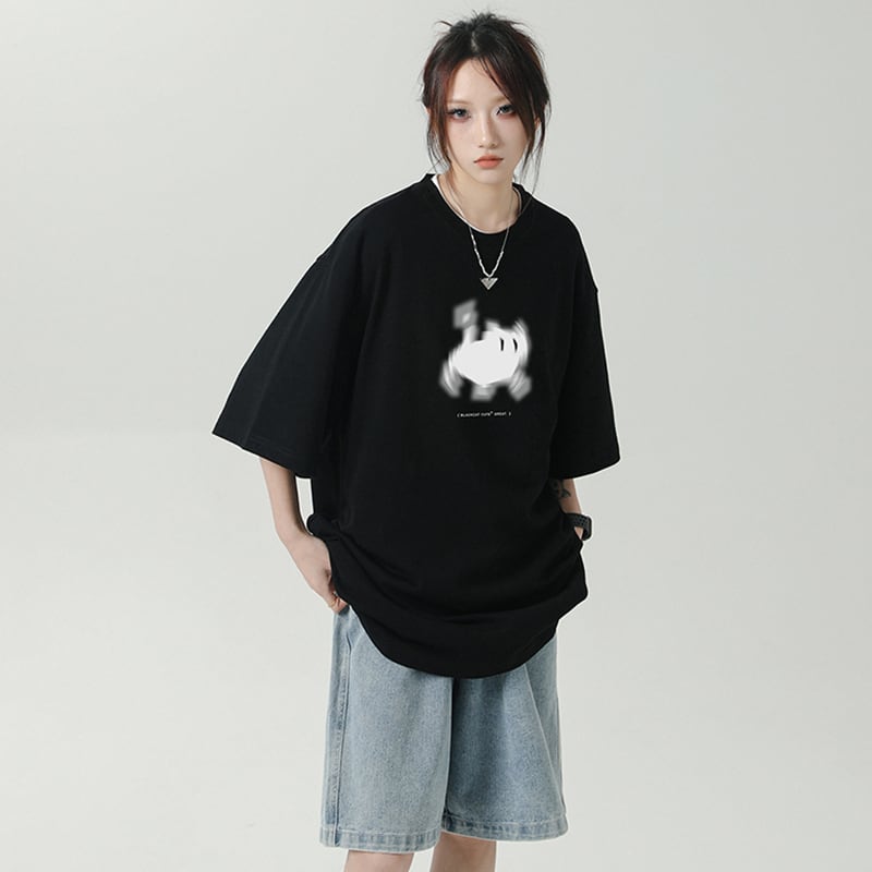 [LIEQU Series]★T-shirt★ 3color Tops Loose Summer Clothes Unisex Men's Cat Black White Easy to match