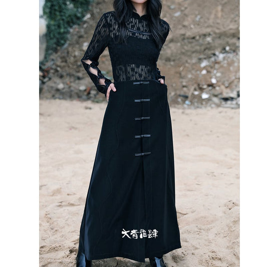 [Big Blue Dragon Series] ★China style skirt★ Bottoms Chinese button slit slimming black black