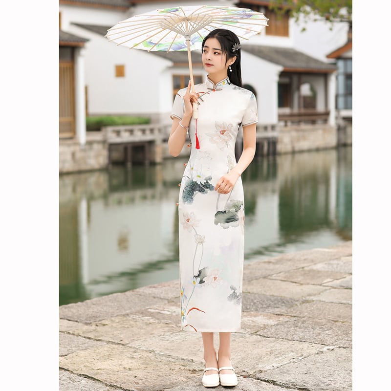 [RUYUN Series]★China Dress★ One Piece Long Length Lotus Lotus Short Sleeve Long Length Large Size