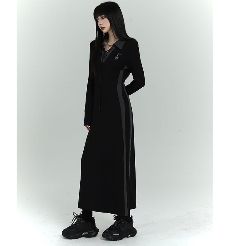 [LadyGhost Series]★Dress★ Dress POLO neck slimming long dress cute SML black black