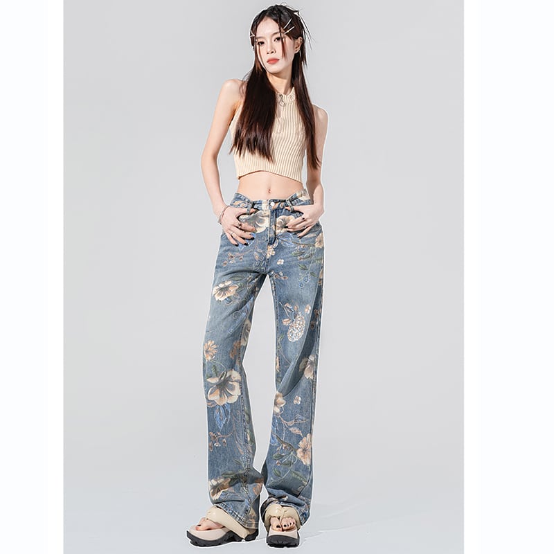 [XURU series] ★Denim pants★ Bottoms Trousers Floral pattern slimming ladies Blue Blue XS S M L XL